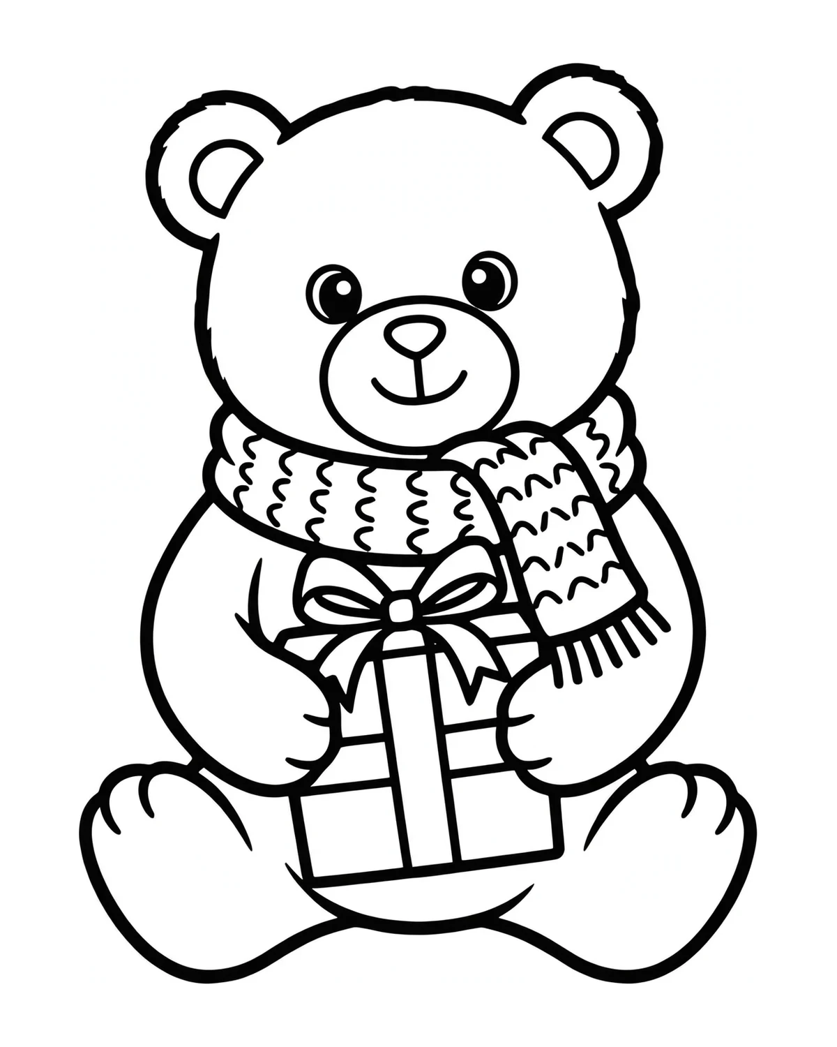 Ausmalbild Teddybär mit Geschenk zum Ausdrucken
