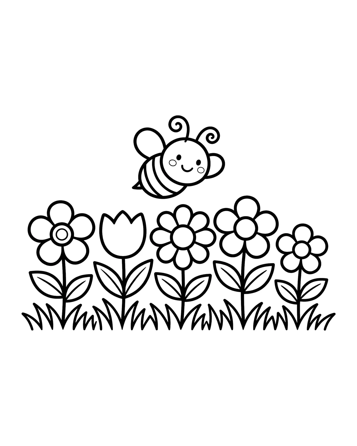Ausmalbild Blumen mit Biene zum Ausdrucken