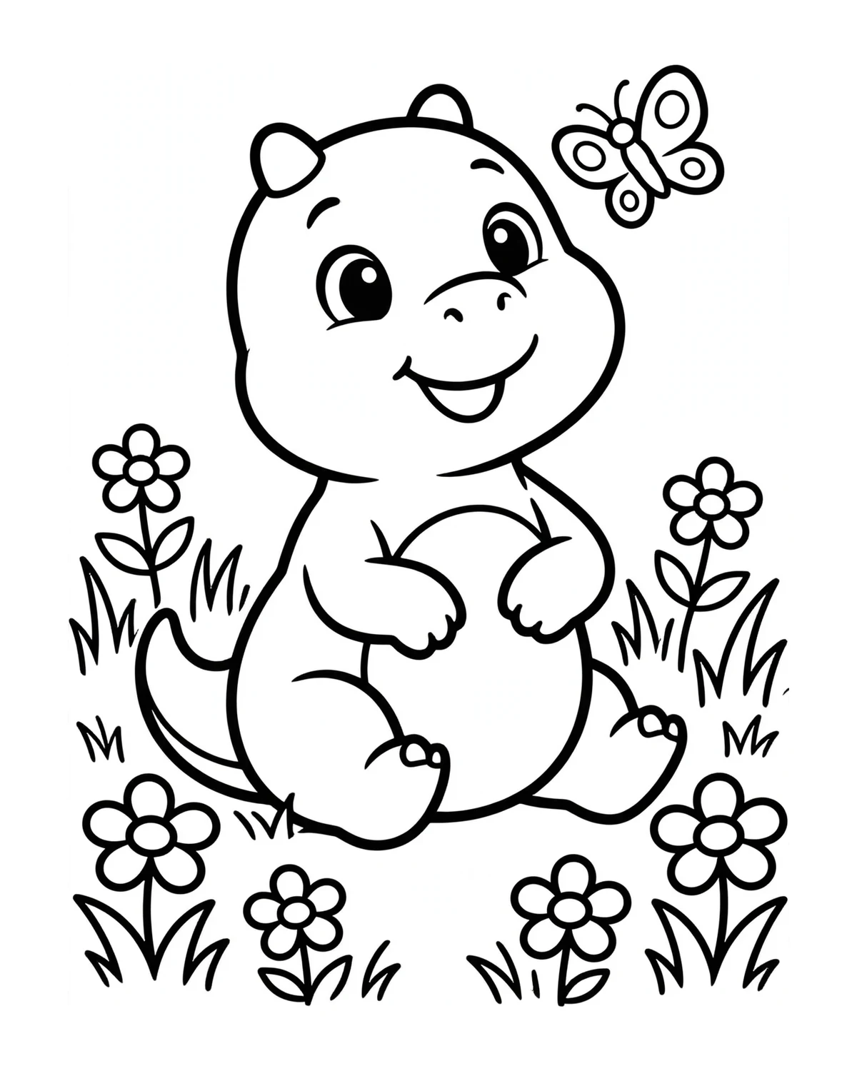 Ausmalbild Dino mit Blumen zum Ausdrucken