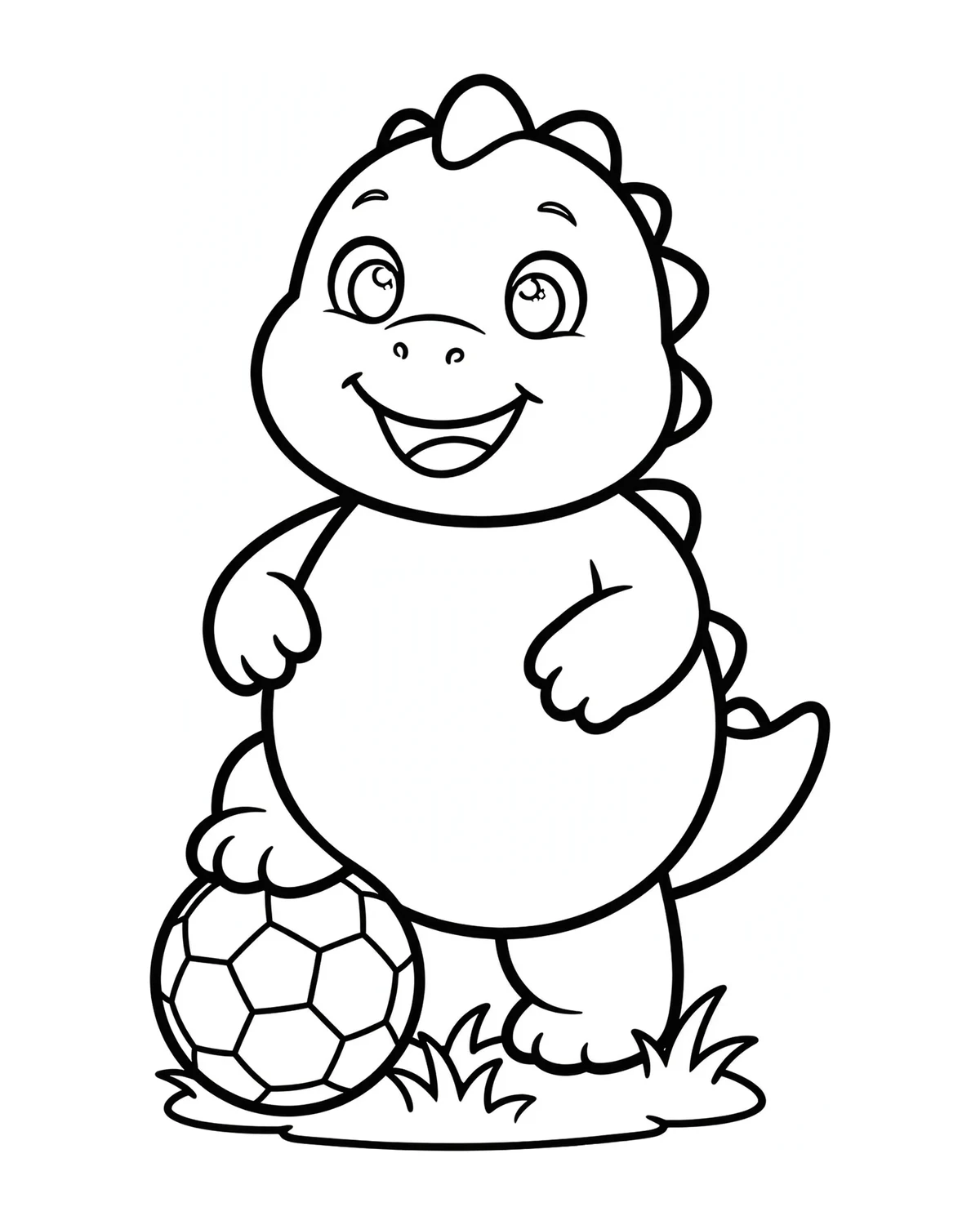 Ausmalbild Dino mit Fußball zum Ausdrucken