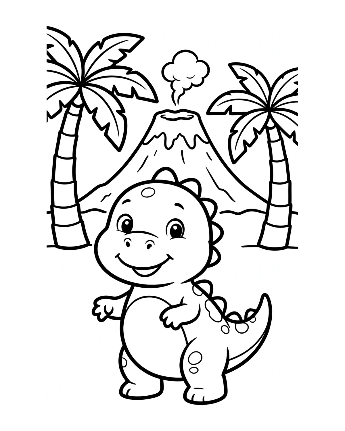 Ausmalbild Dino mit Vulkan zum Ausdrucken