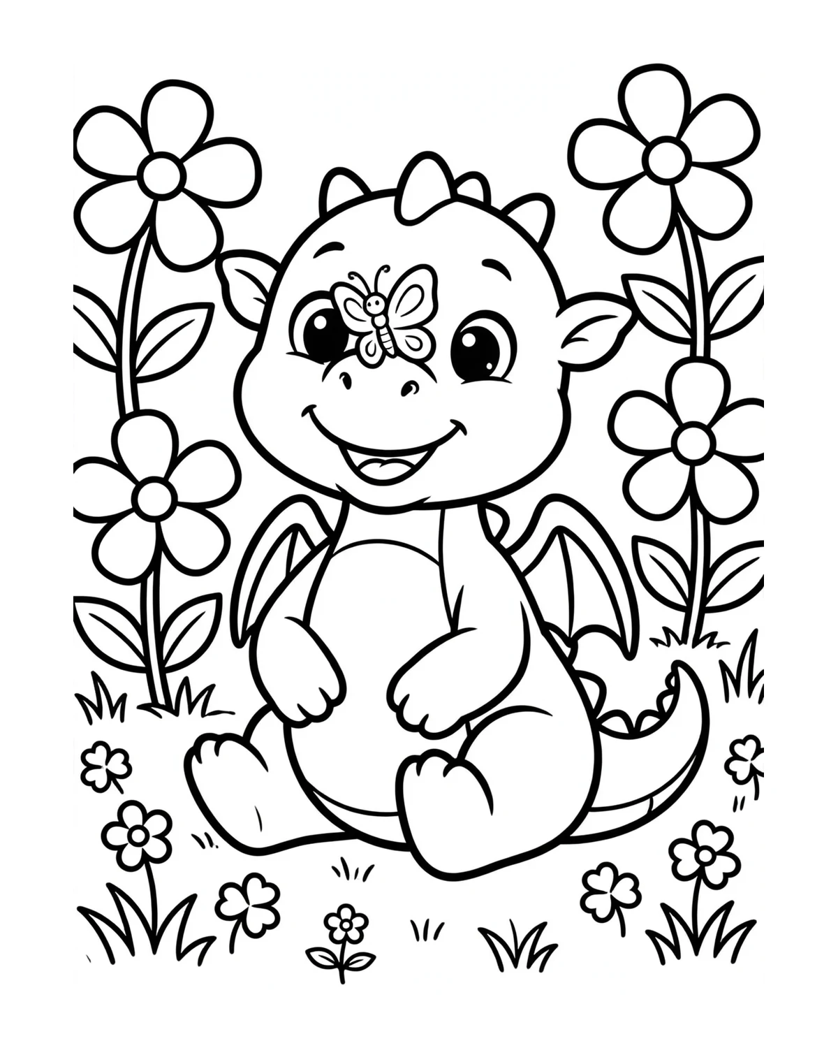 Ausmalbild Drache mit Blumen zum Ausdrucken