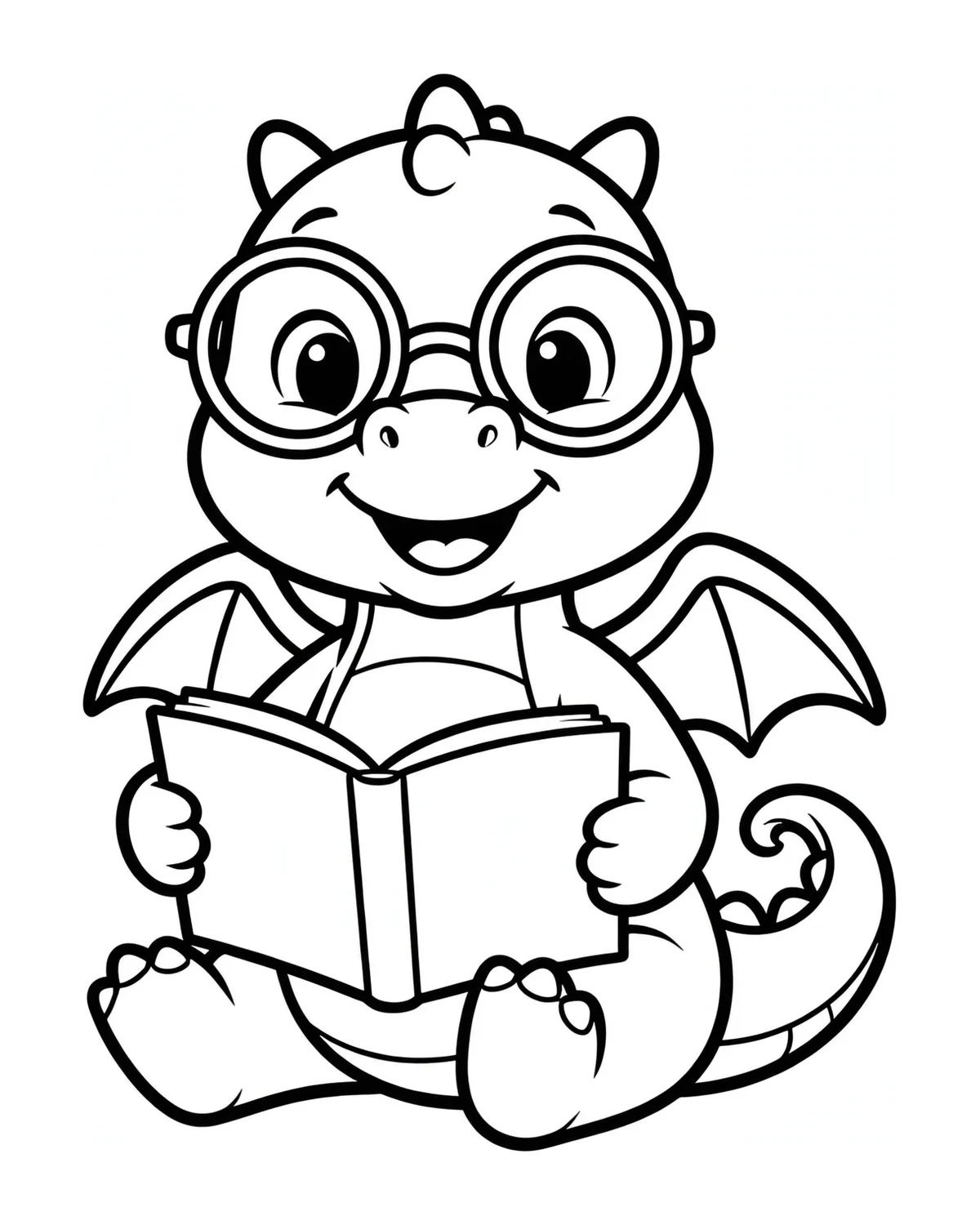 Ausmalbild Drache mit Buch zum Ausdrucken