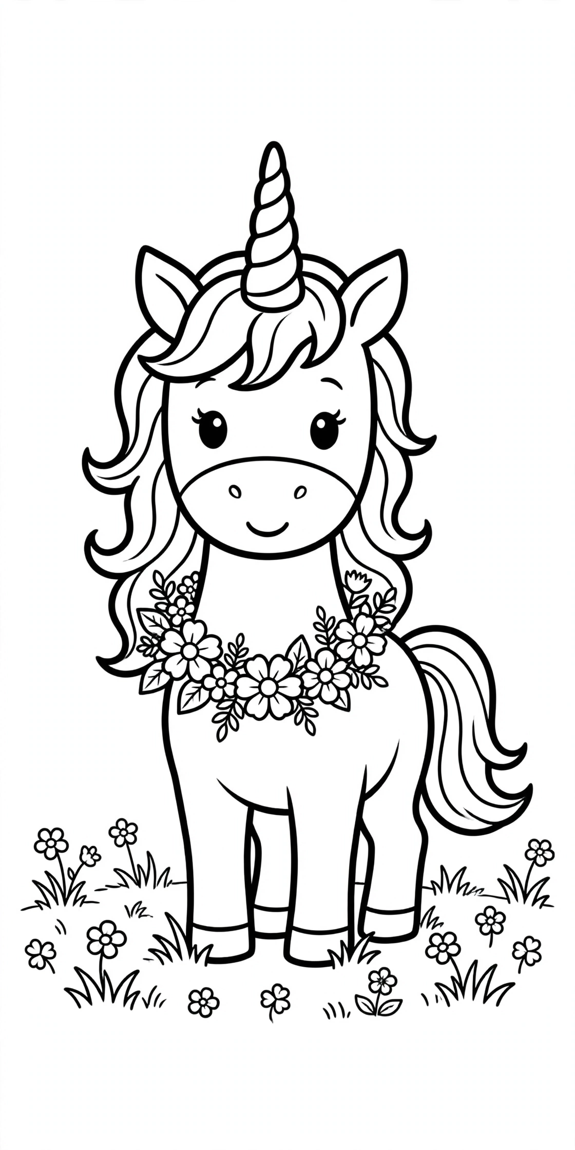 Ausmalbild Einhorn mit Blumenkranz zum Ausdrucken