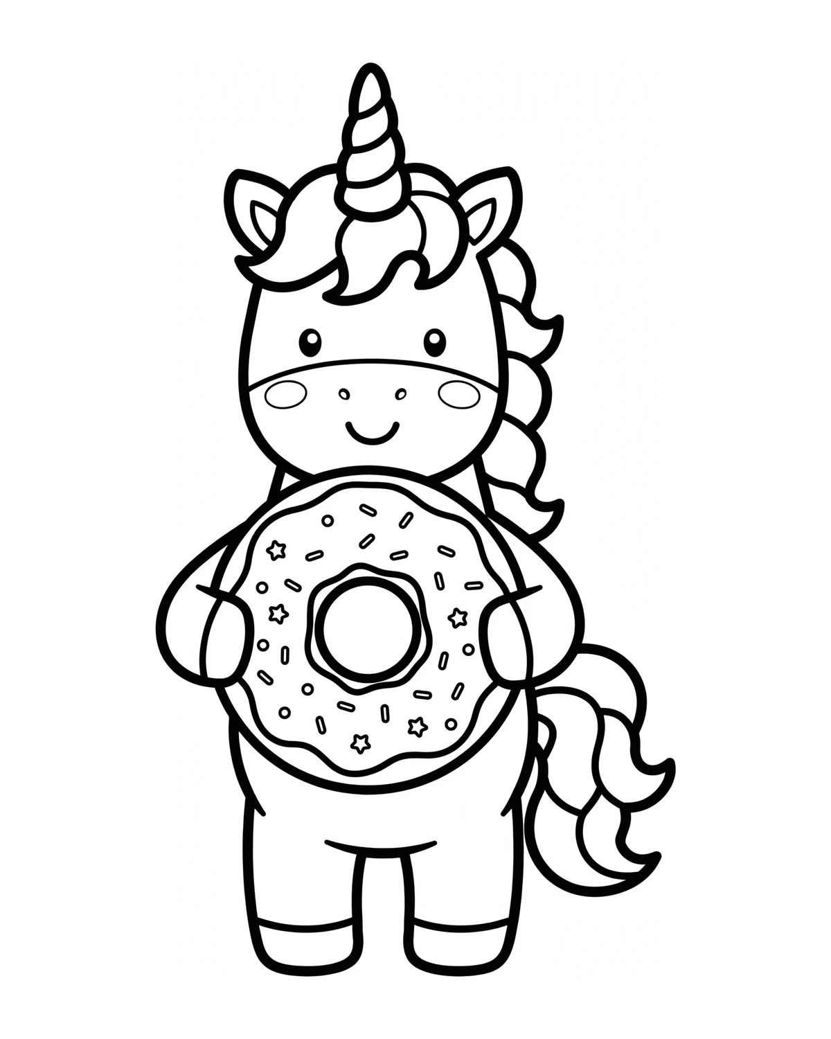 Ausmalbild Einhorn mit Donut zum Ausdrucken