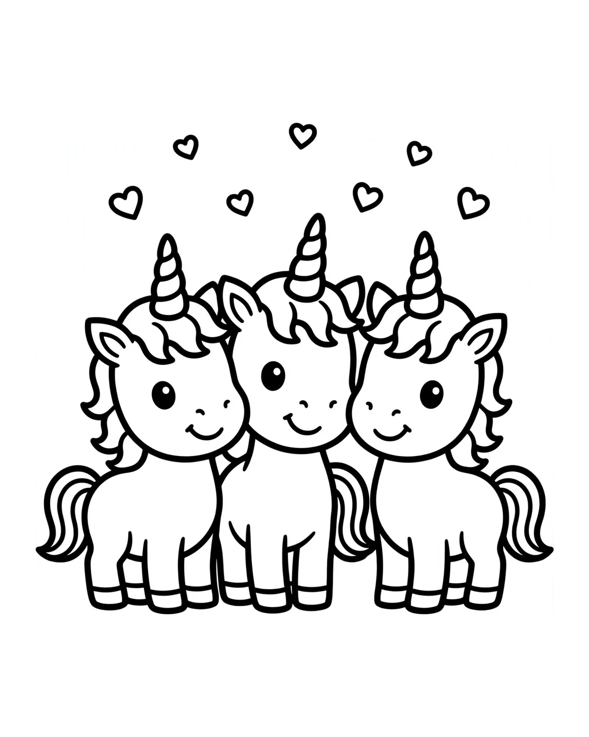 Ausmalbild Drei Einhorn-Freunde zum Ausdrucken