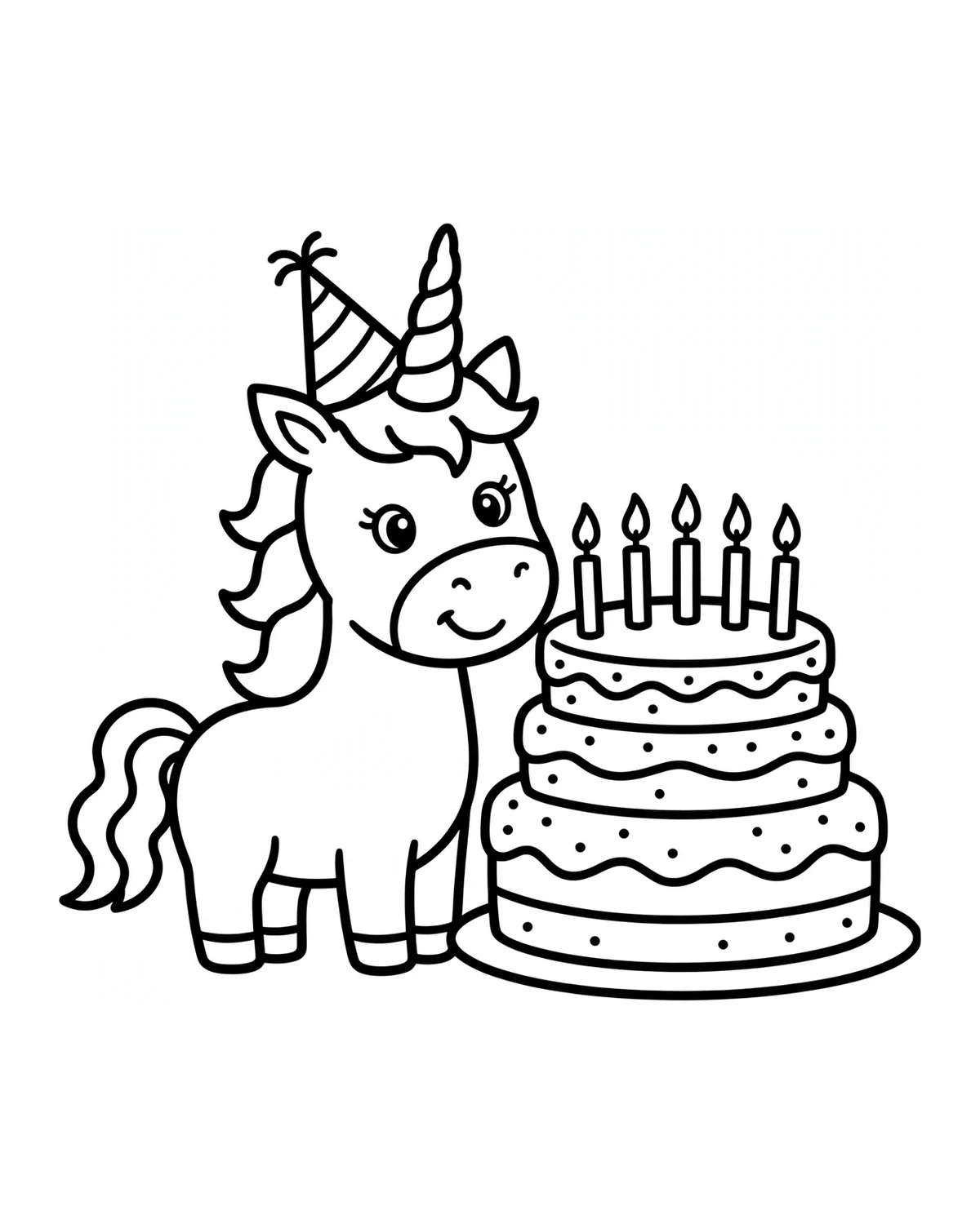 Ausmalbild Einhorn mit Geburtstagstorte zum Ausdrucken