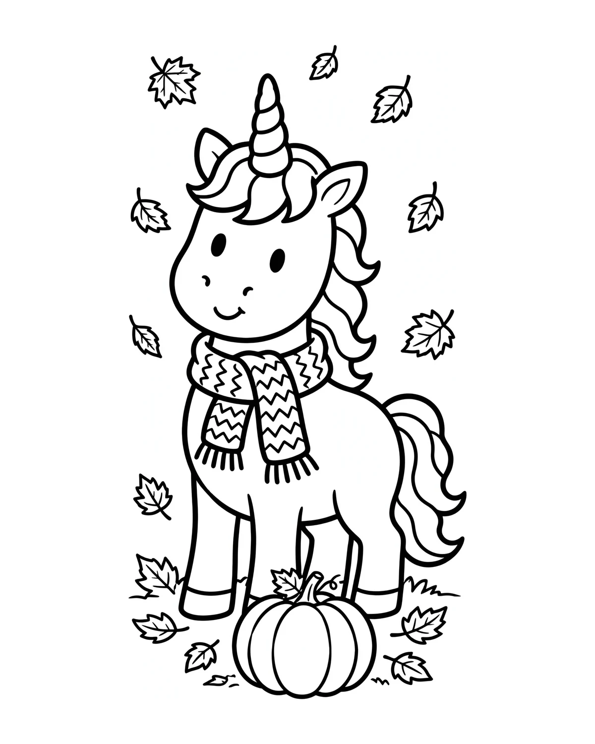 Ausmalbild Einhorn im Herbst zum Ausdrucken