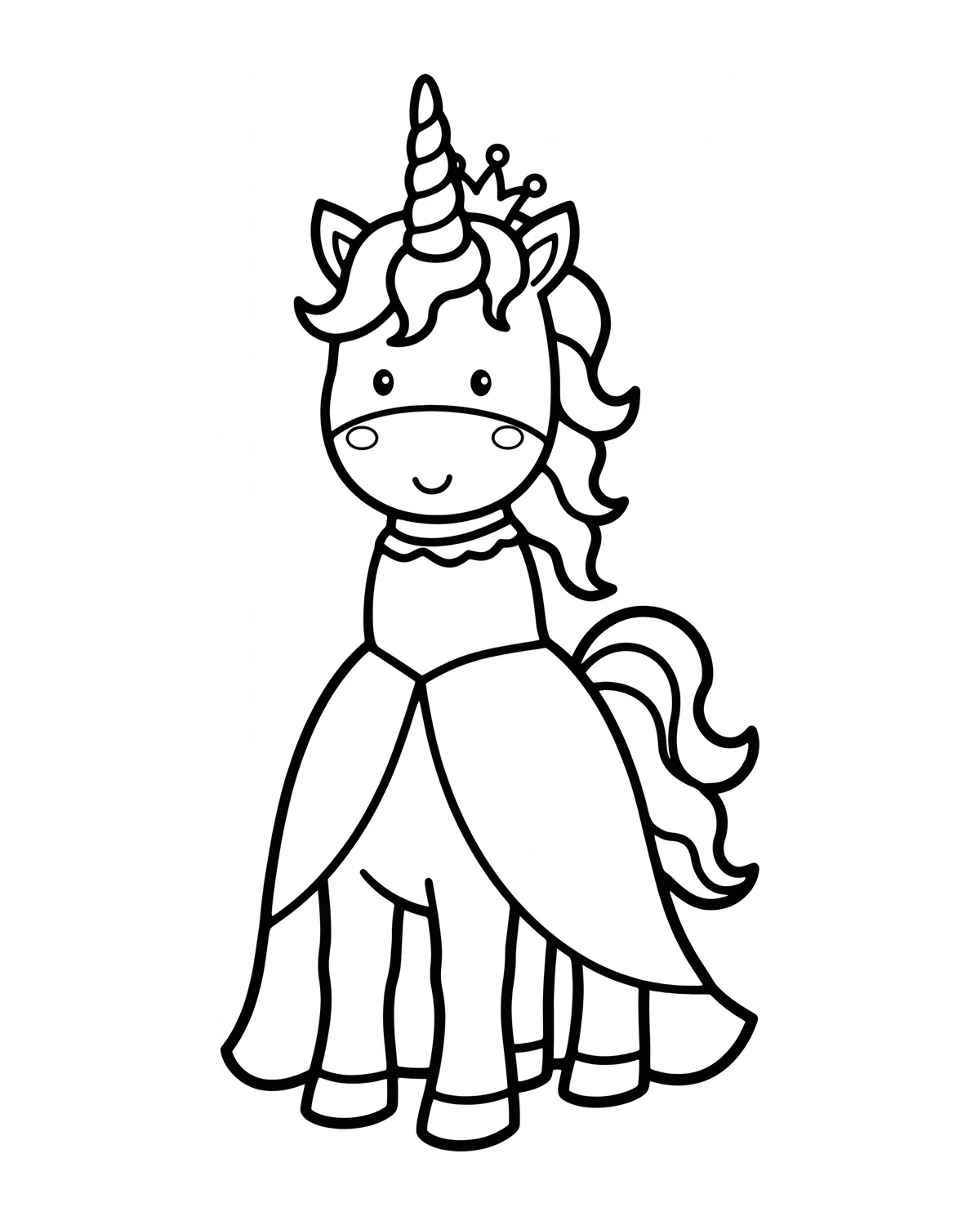 Ausmalbild Einhorn-Prinzessin mit Kleid zum Ausdrucken
