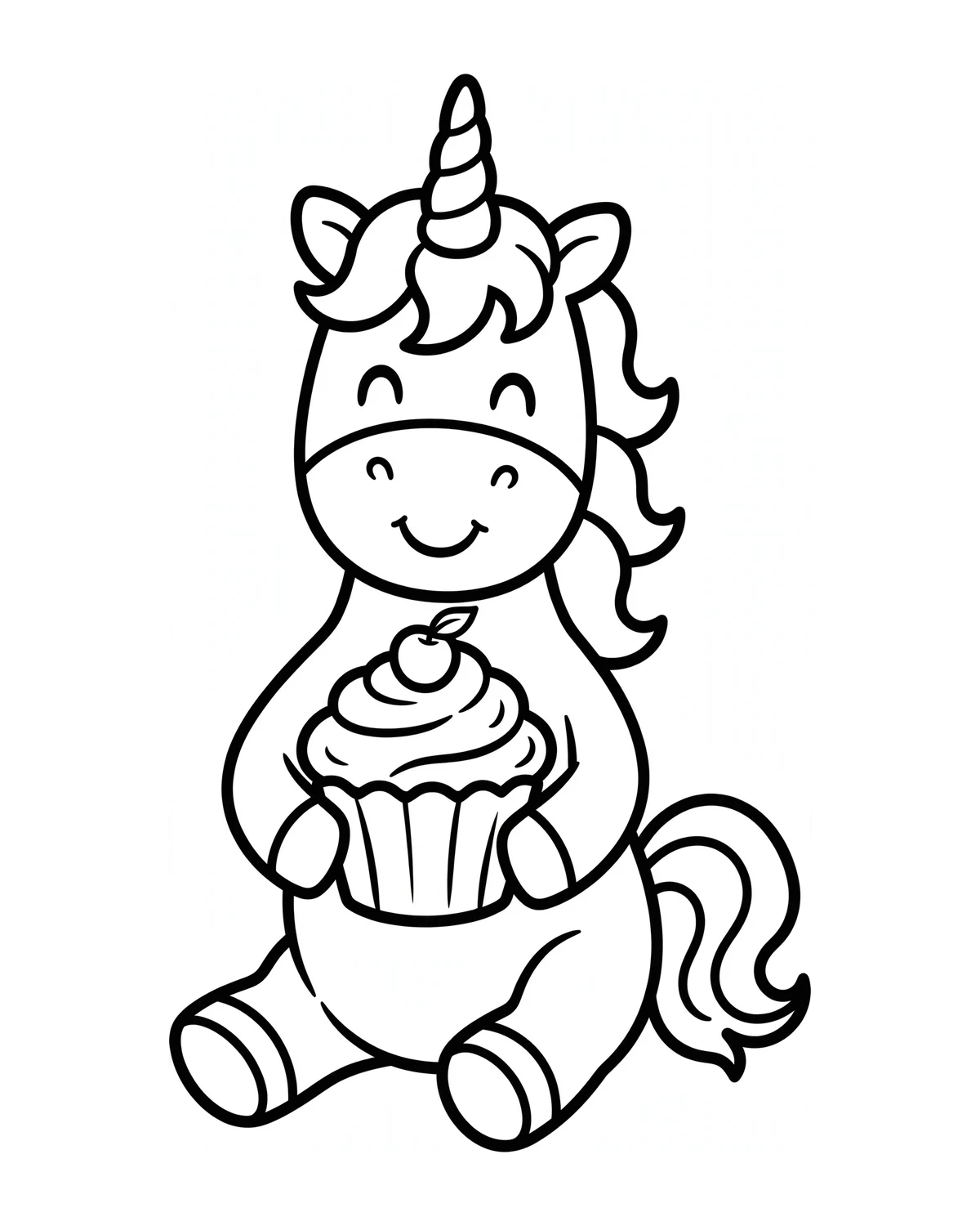 Ausmalbild Einhorn mit Cupcake zum Ausdrucken