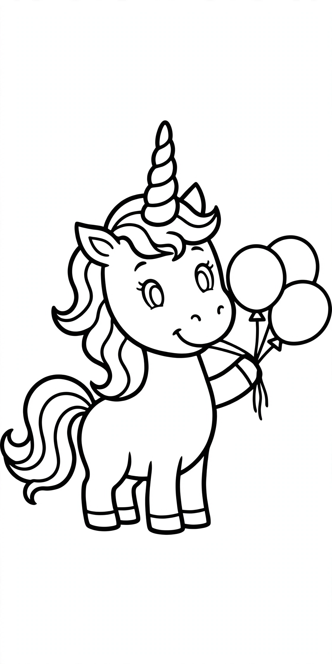 Ausmalbild Einhorn mit Luftballons zum Ausdrucken