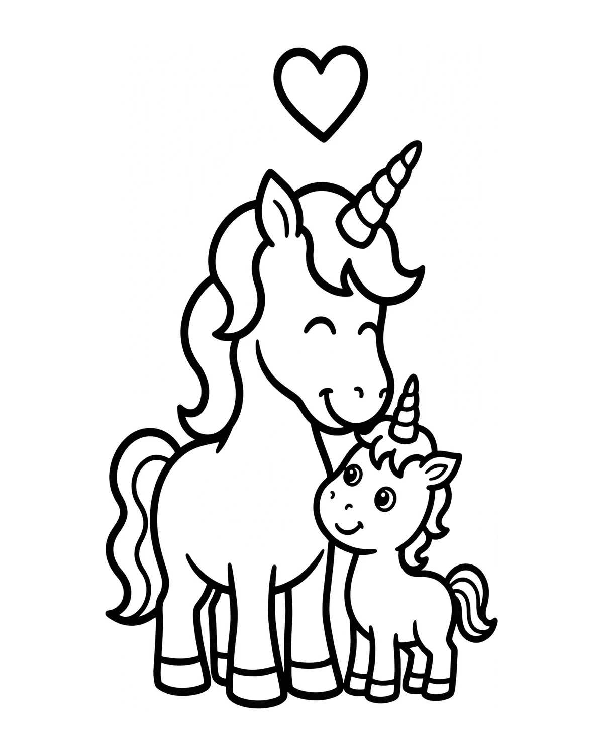 Ausmalbild Einhorn-Mama mit Baby zum Ausdrucken