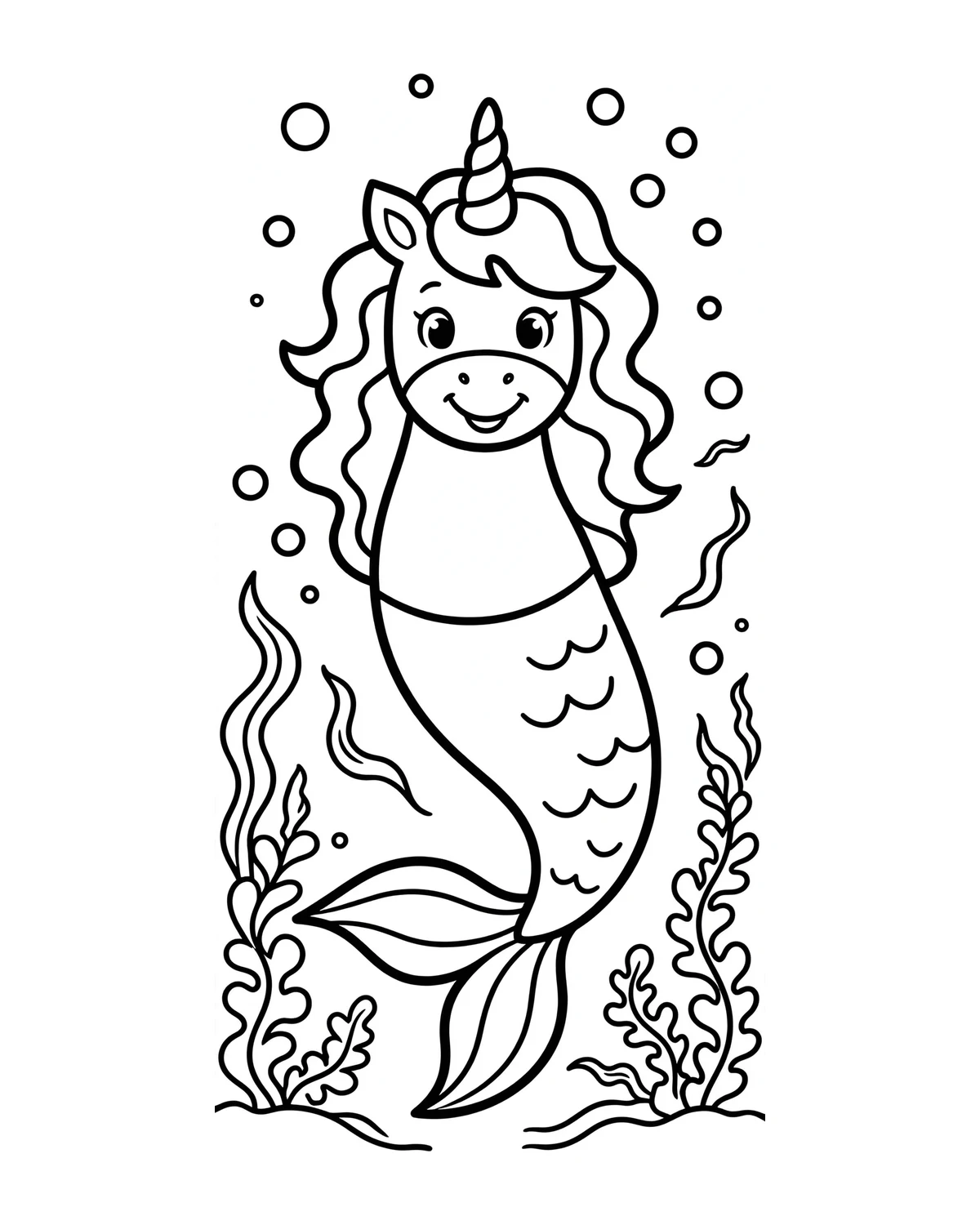 Ausmalbild Einhorn mit Fischschwanz zum Ausdrucken