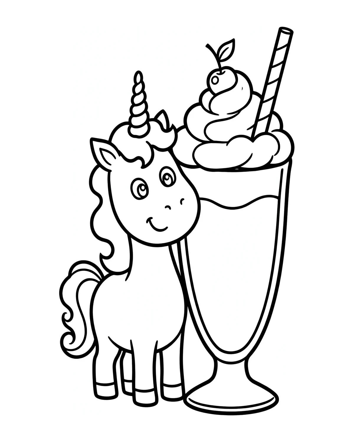Ausmalbild Einhorn mit Milchshake zum Ausdrucken