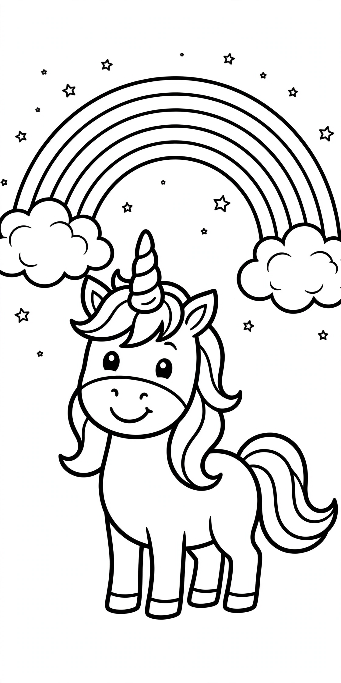 Ausmalbild Einhorn mit Regenbogen zum Ausdrucken