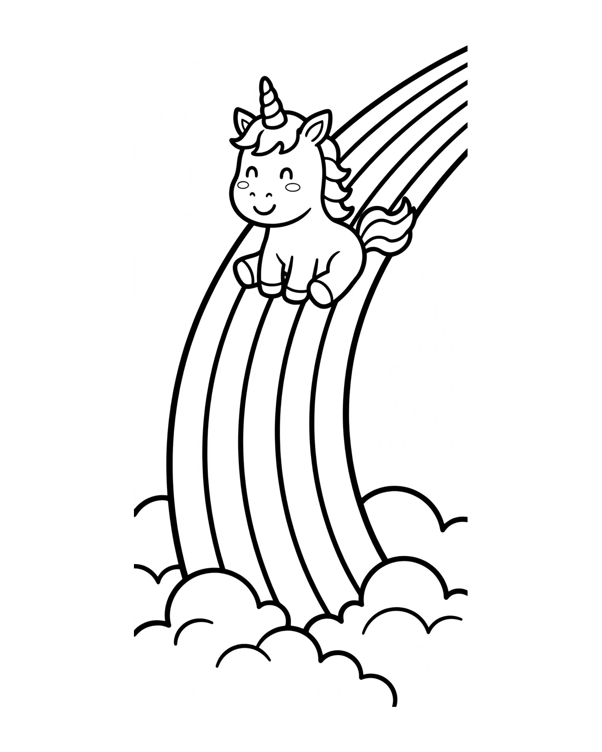 Ausmalbild Einhorn auf Regenbogenrutsche zum Ausdrucken