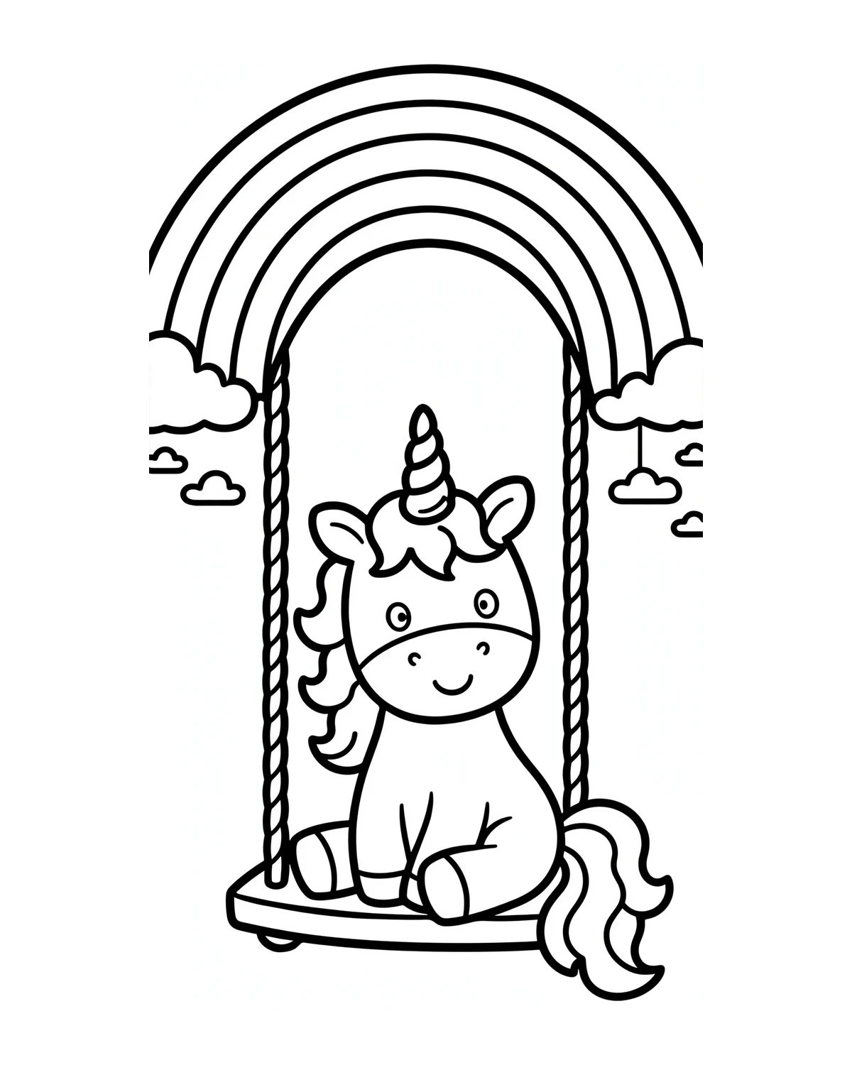Ausmalbild Einhorn auf einer Schaukel zum Ausdrucken