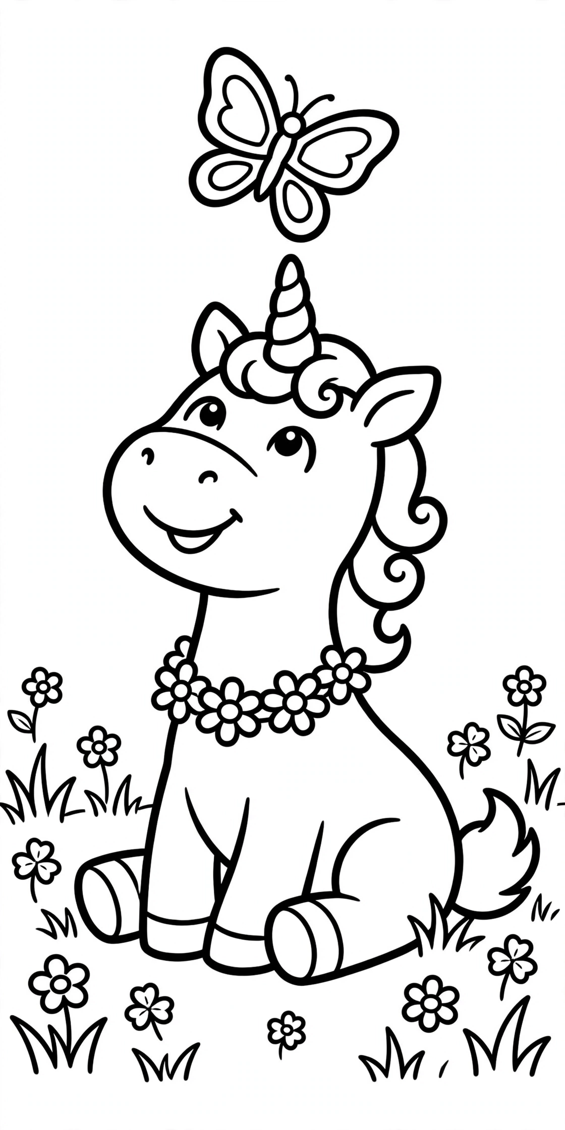 Ausmalbild Einhorn mit Schmetterling zum Ausdrucken