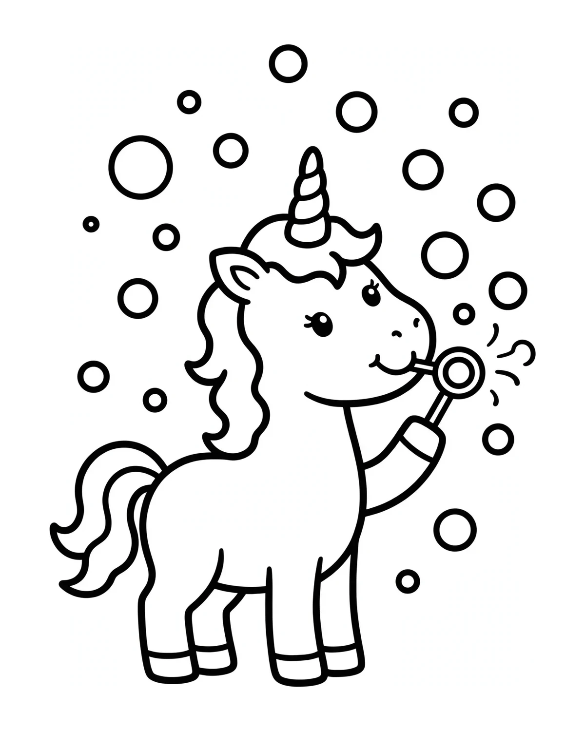Ausmalbild Einhorn mit Seifenblasen zum Ausdrucken