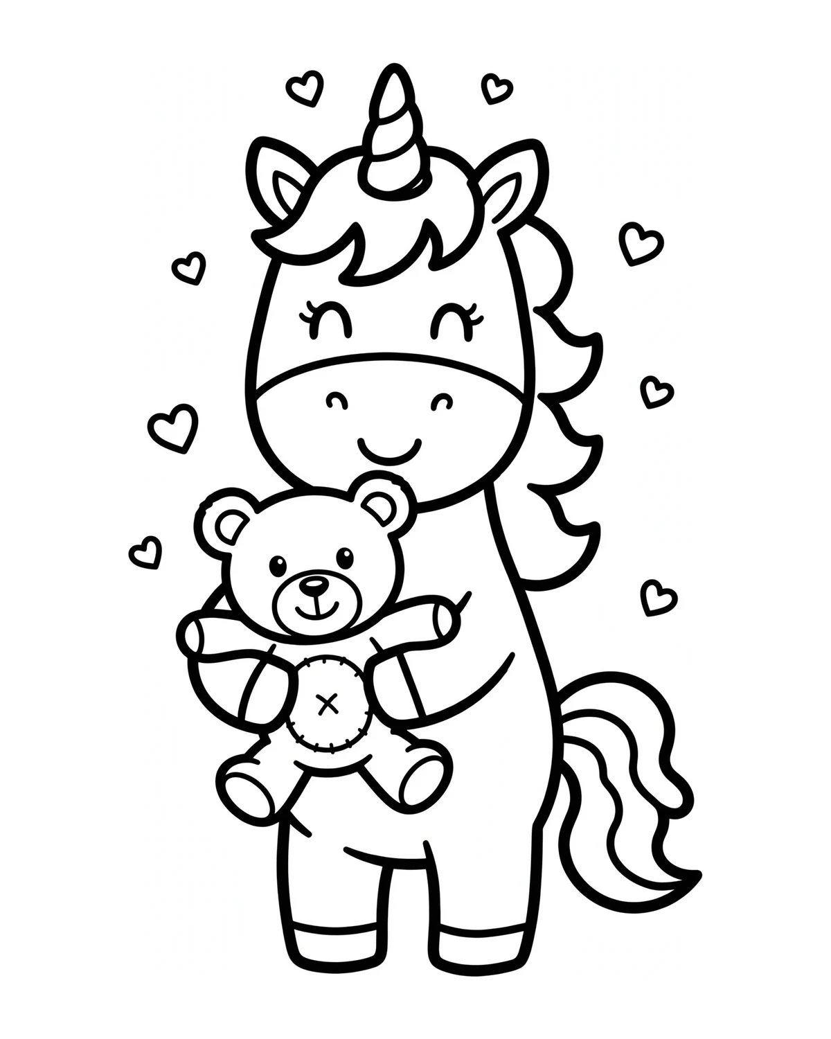 Ausmalbild Einhorn mit Teddybär zum Ausdrucken