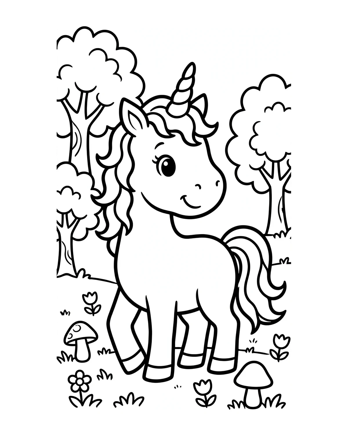 Ausmalbild Einhorn im Wald zum Ausdrucken