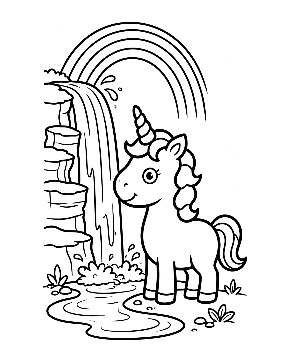 Ausmalbild Einhorn am Wasserfall zum Ausdrucken