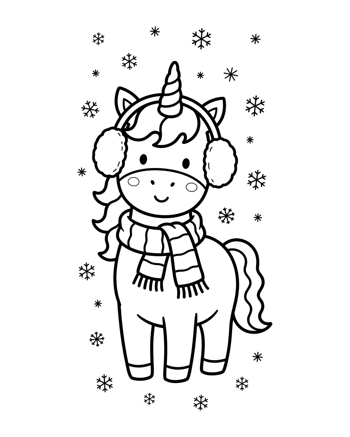 Ausmalbild Einhorn im Winter zum Ausdrucken