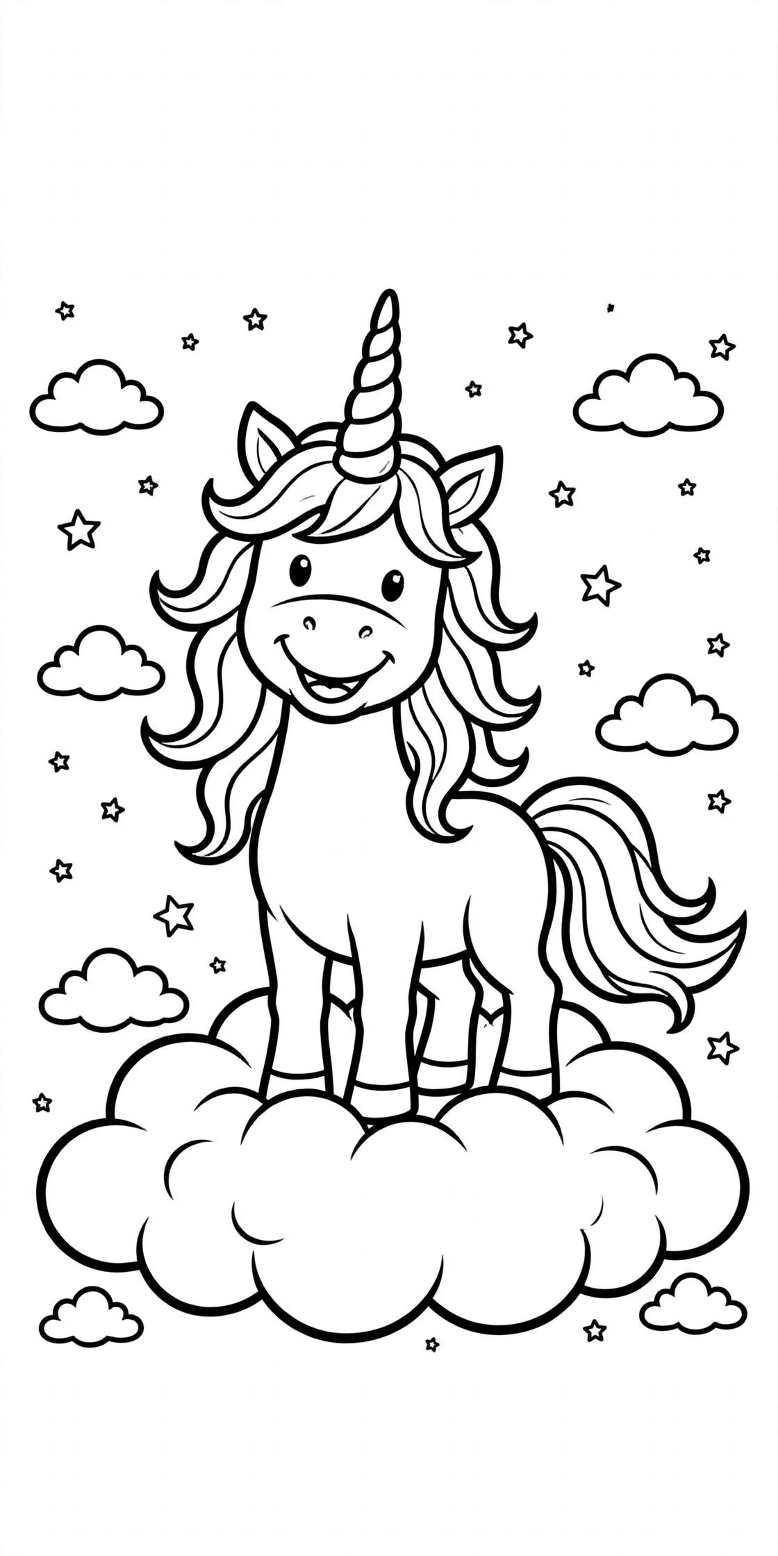 Ausmalbild Einhorn auf Wolke zum Ausdrucken