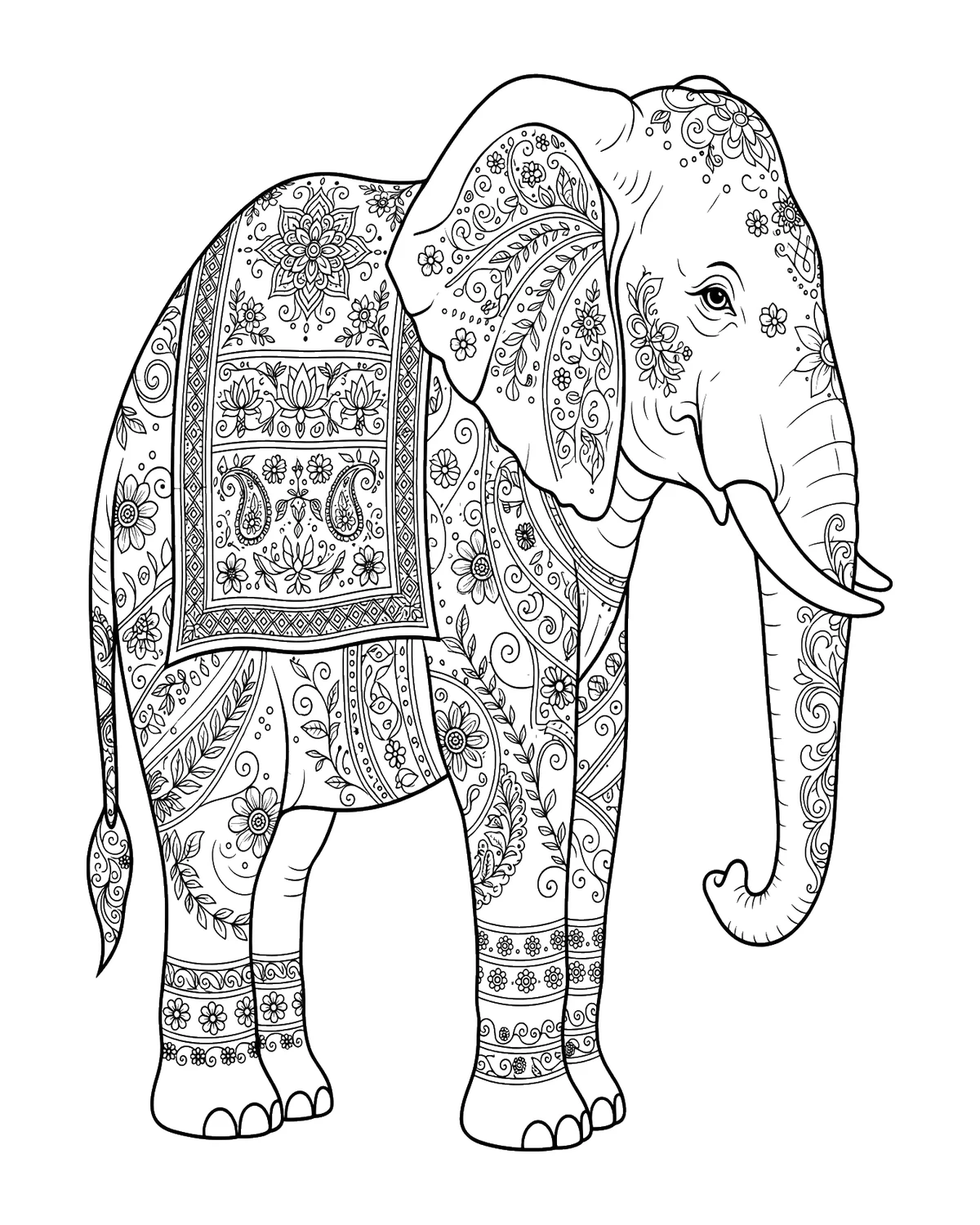 Ausmalbild Elefant mit Mustern zum Ausdrucken