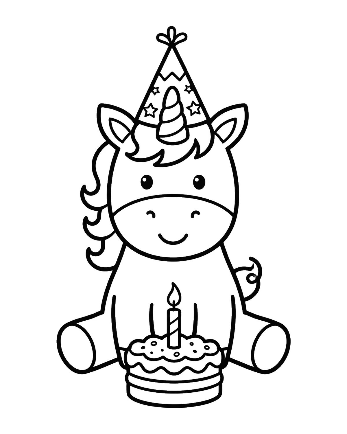Ausmalbild Einhorn mit Torte zum Ausdrucken