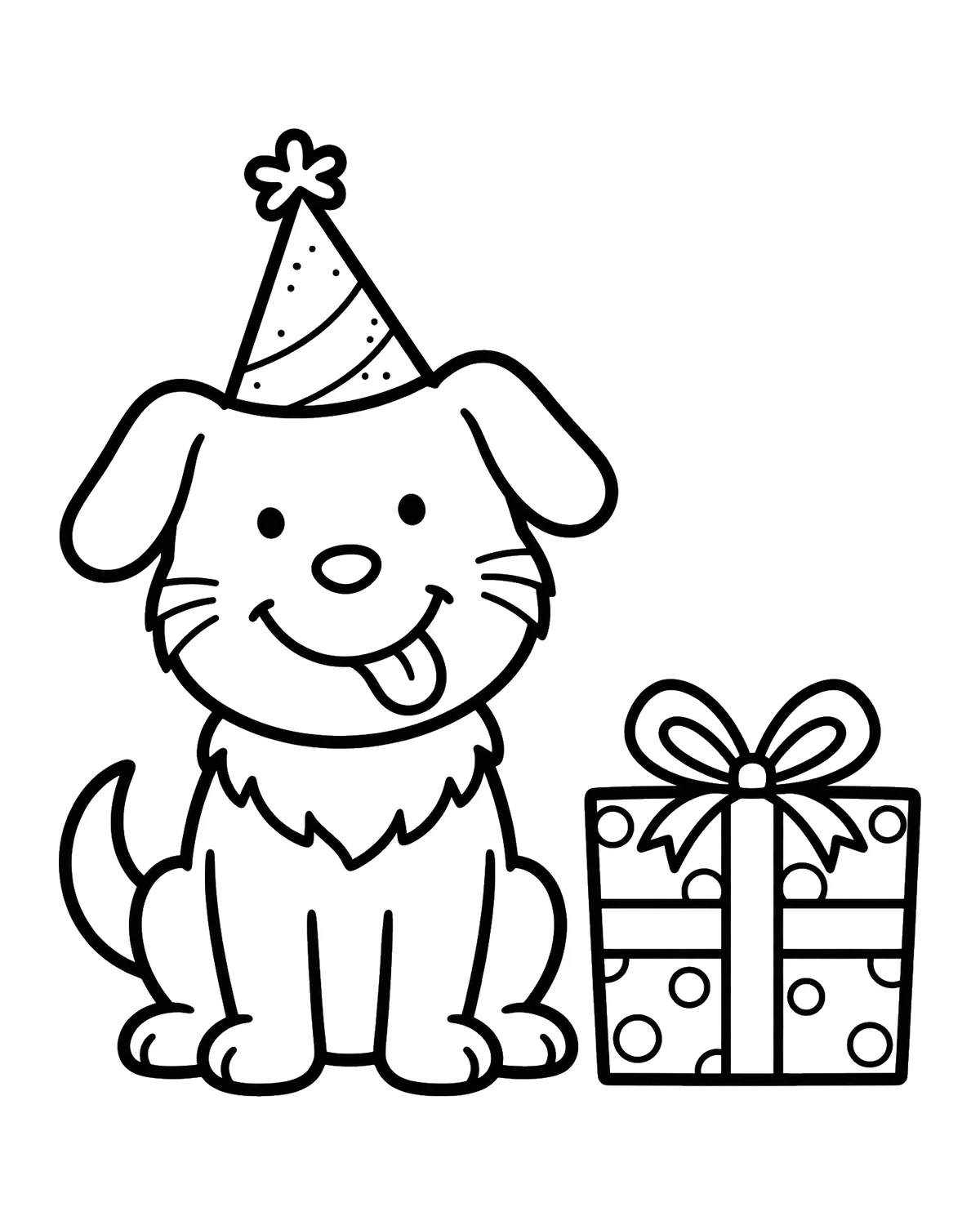 Ausmalbild Hund mit Geschenk zum Ausdrucken