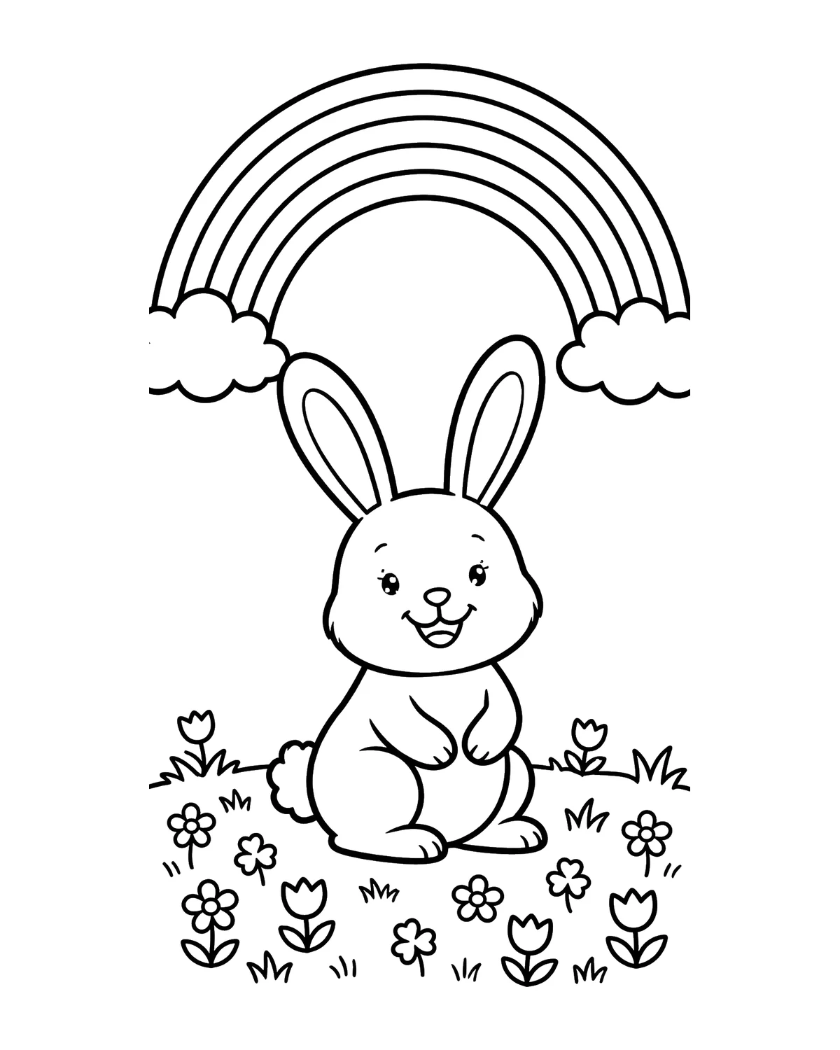 Ausmalbild Hase mit Regenbogen zum Ausdrucken