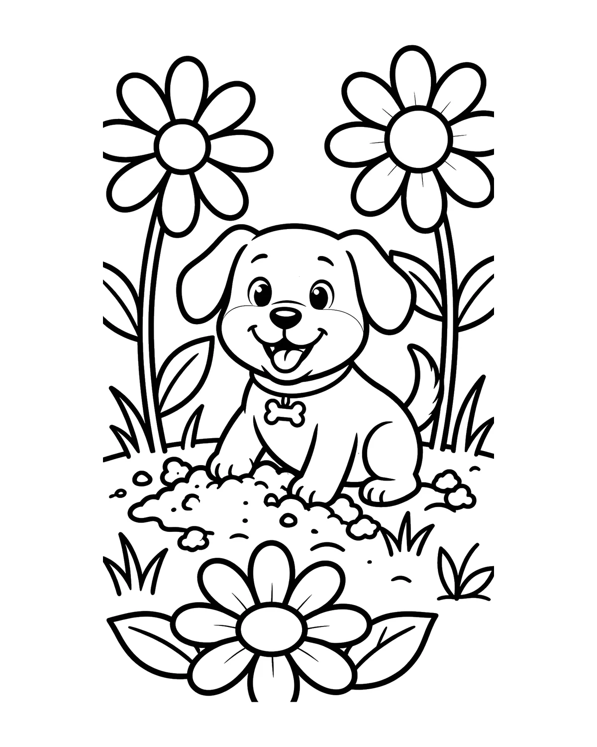 Ausmalbild Hund im Garten zum Ausdrucken