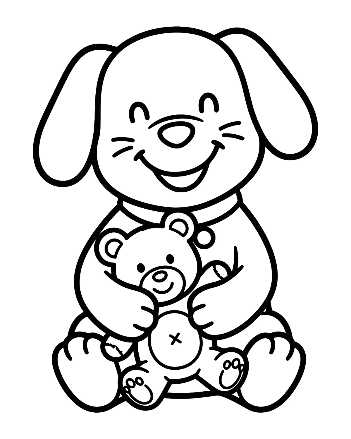 Ausmalbild Hund mit Teddybär zum Ausdrucken