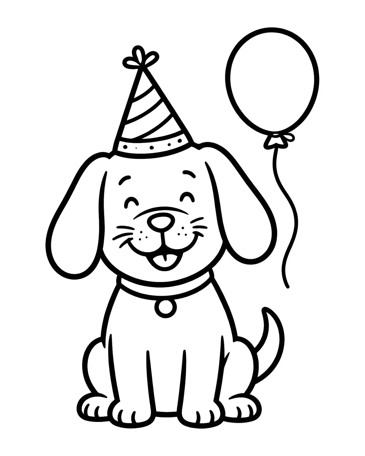 Ausmalbild Hund mit Partyhut zum Ausdrucken