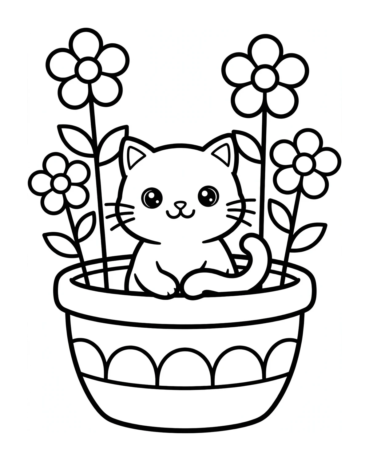 Ausmalbild Katze im Blumentopf zum Ausdrucken