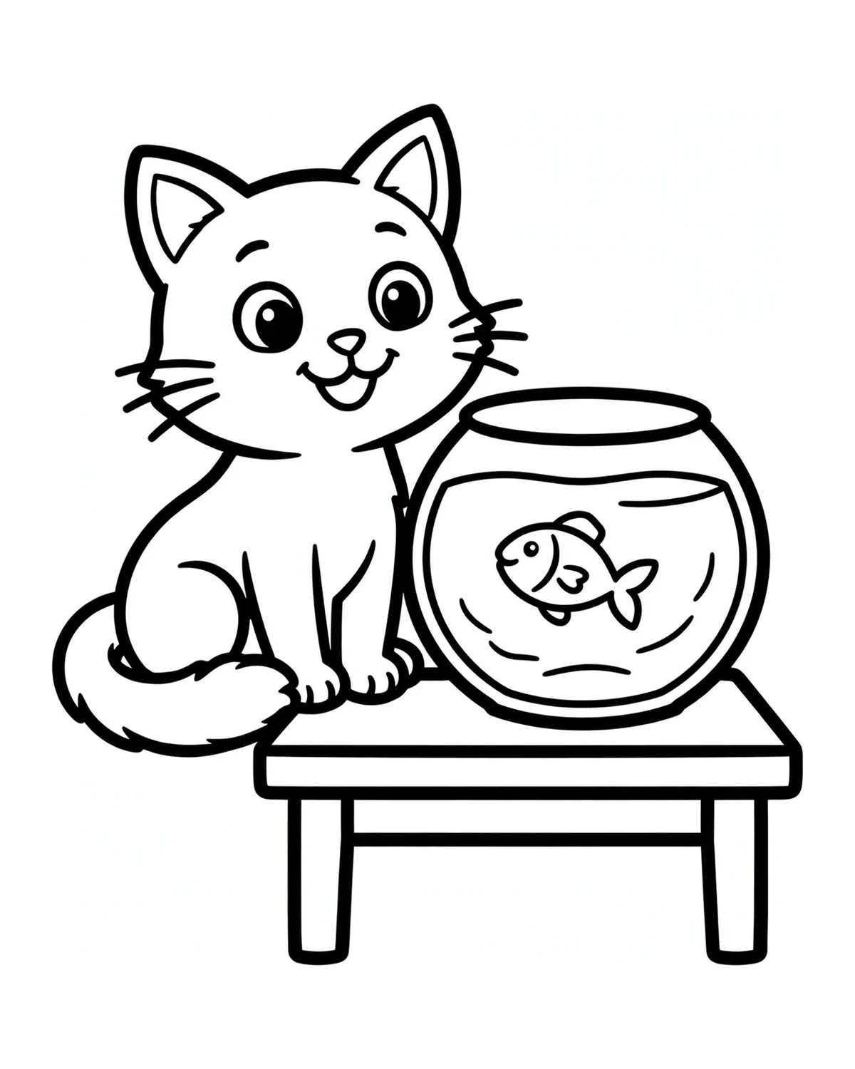 Ausmalbild Katze mit Fischglas zum Ausdrucken