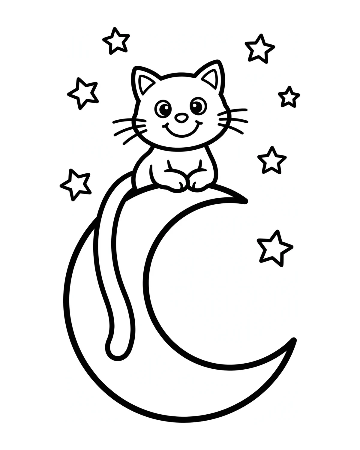 Ausmalbild Katze auf dem Mond zum Ausdrucken