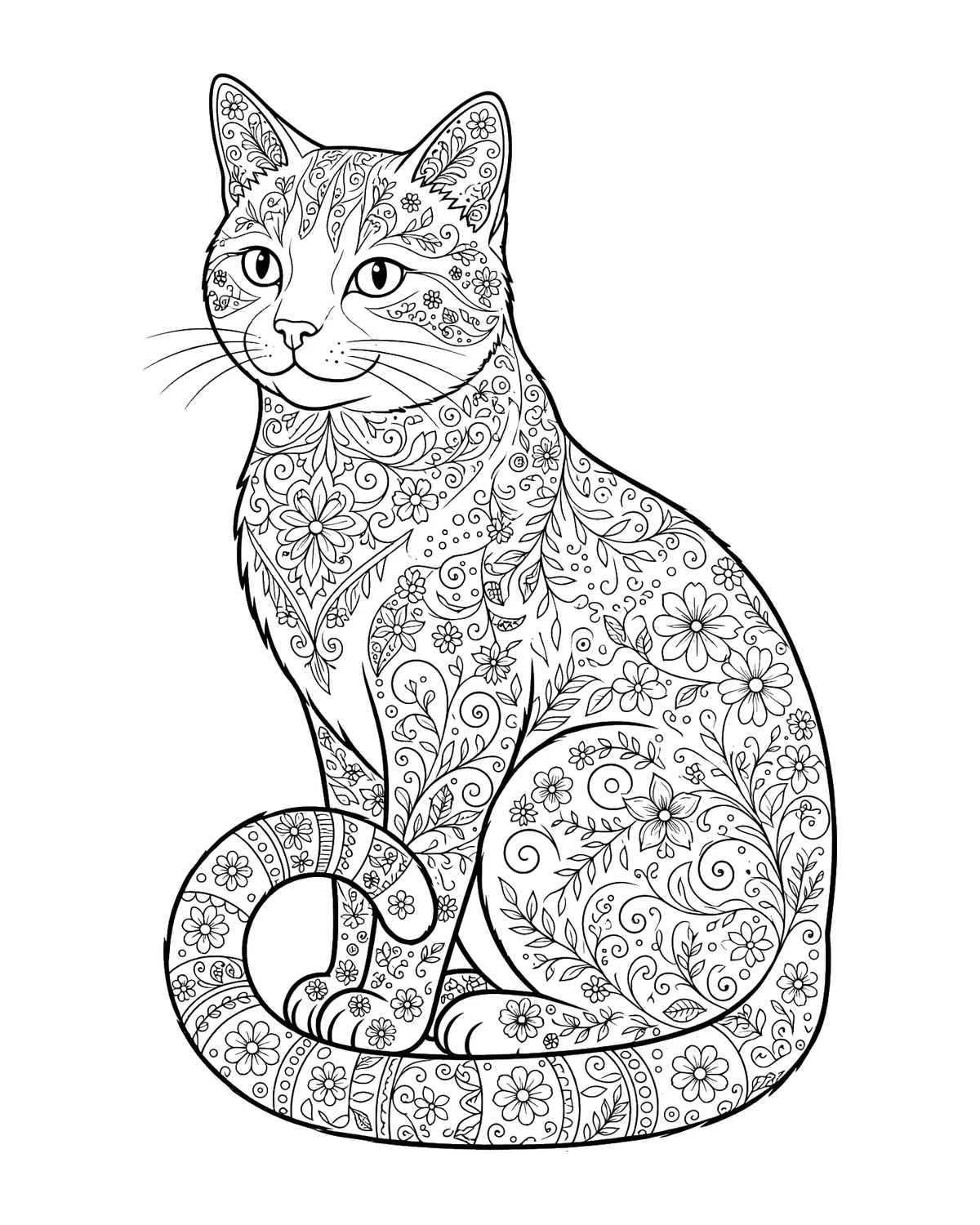 Ausmalbild Katze mit Mustern zum Ausdrucken