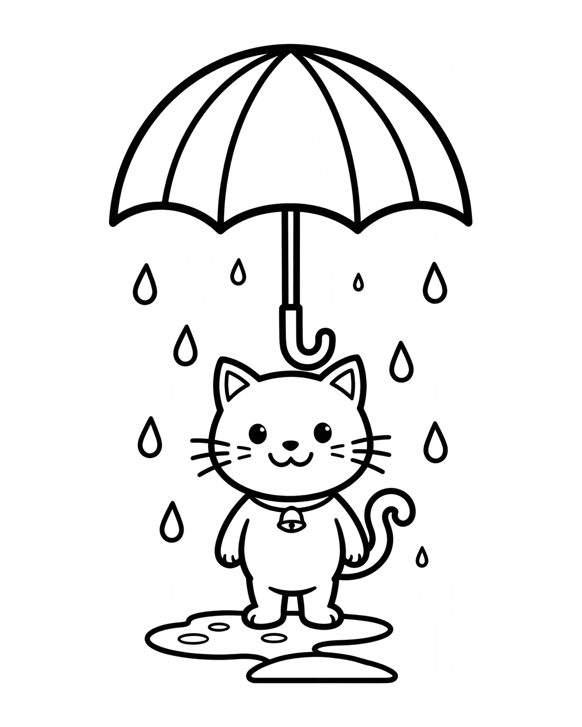 Ausmalbild Katze mit Regenschirm zum Ausdrucken