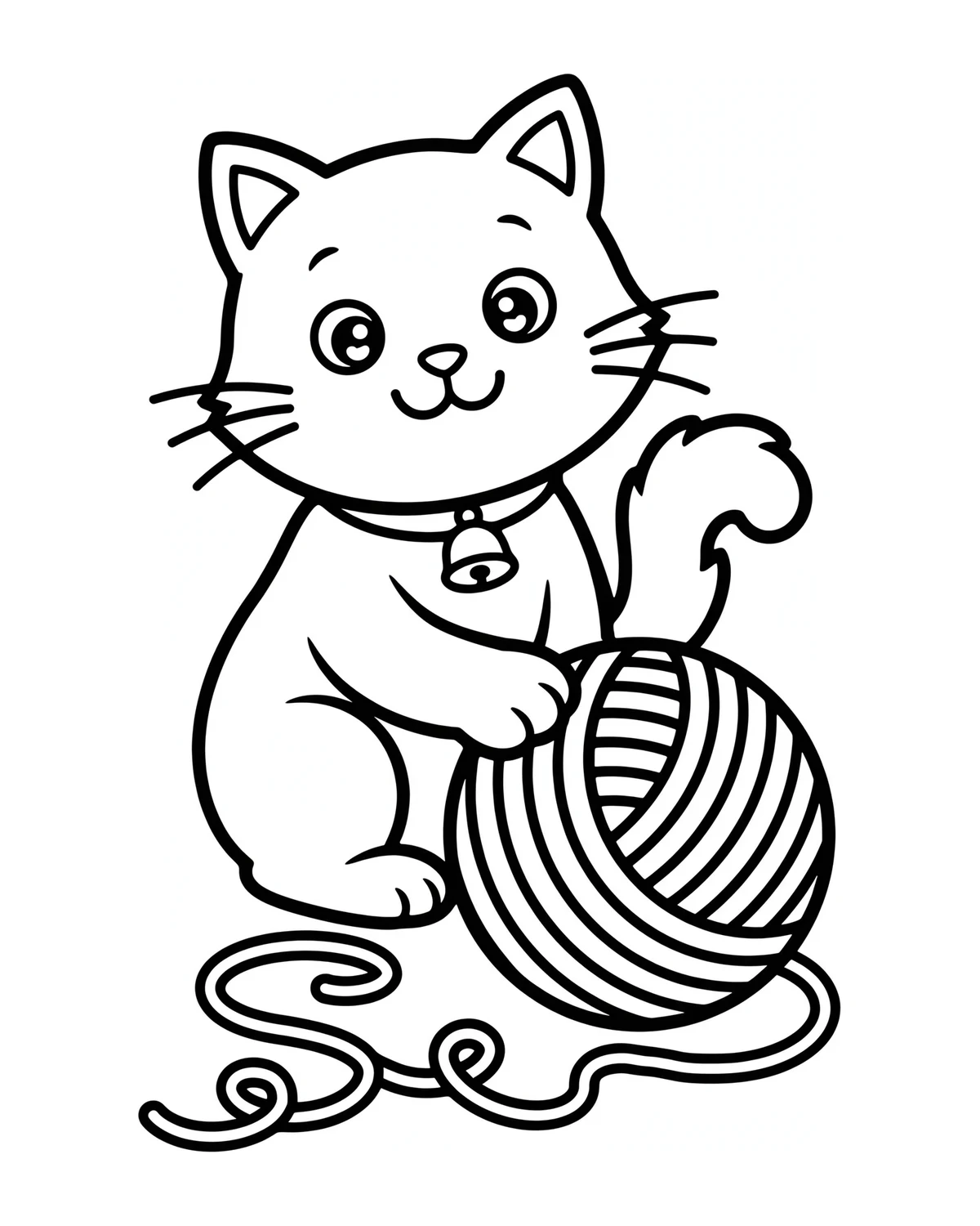 Ausmalbild Katze mit Wollknäuel zum Ausdrucken