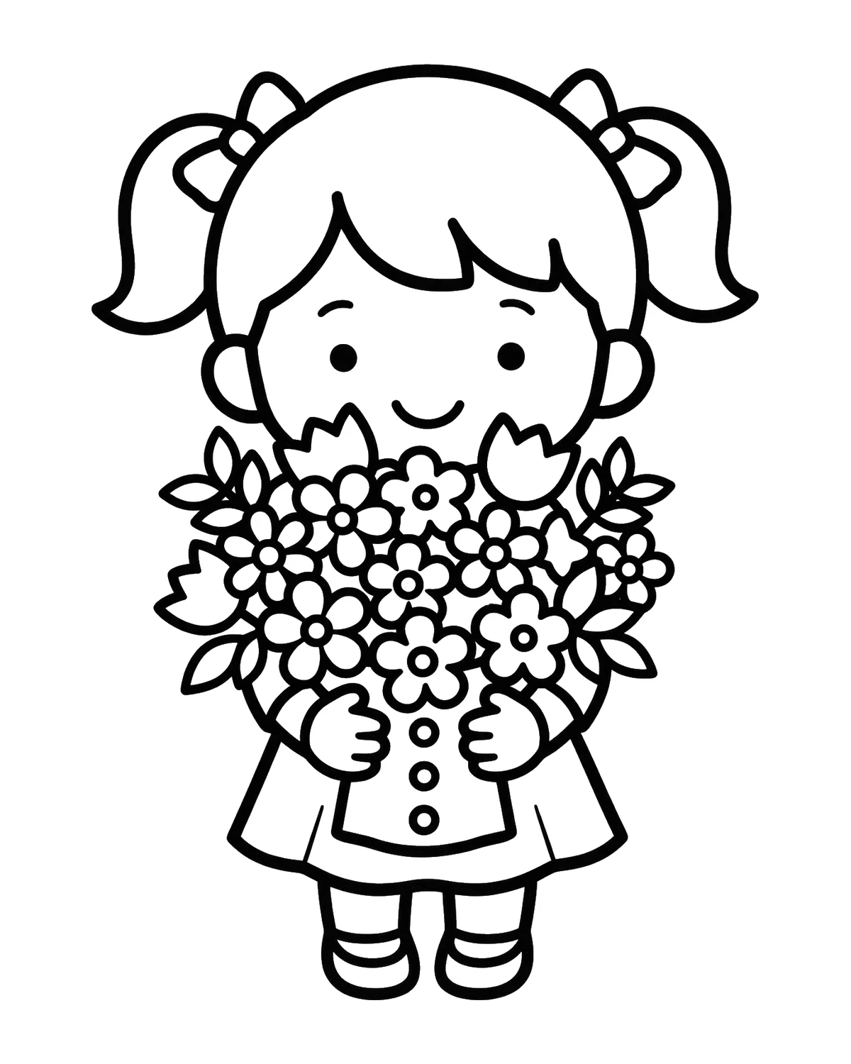 Ausmalbild Mädchen mit Blumenstrauß zum Ausdrucken