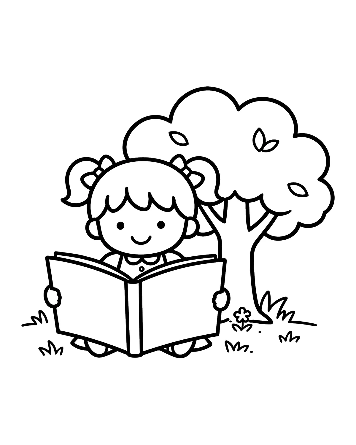 Ausmalbild Mädchen mit Buch zum Ausdrucken