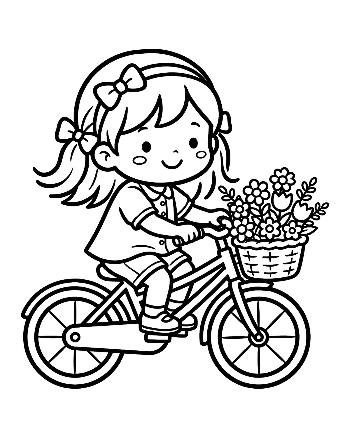 Ausmalbild Mädchen mit Fahrrad zum Ausdrucken