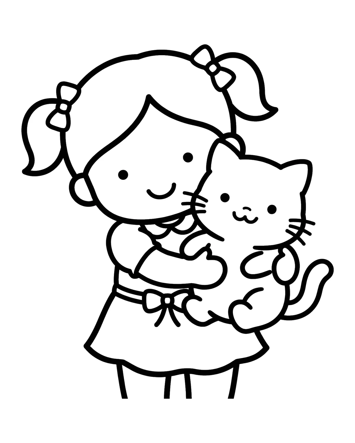 Ausmalbild Mädchen mit Katze zum Ausdrucken