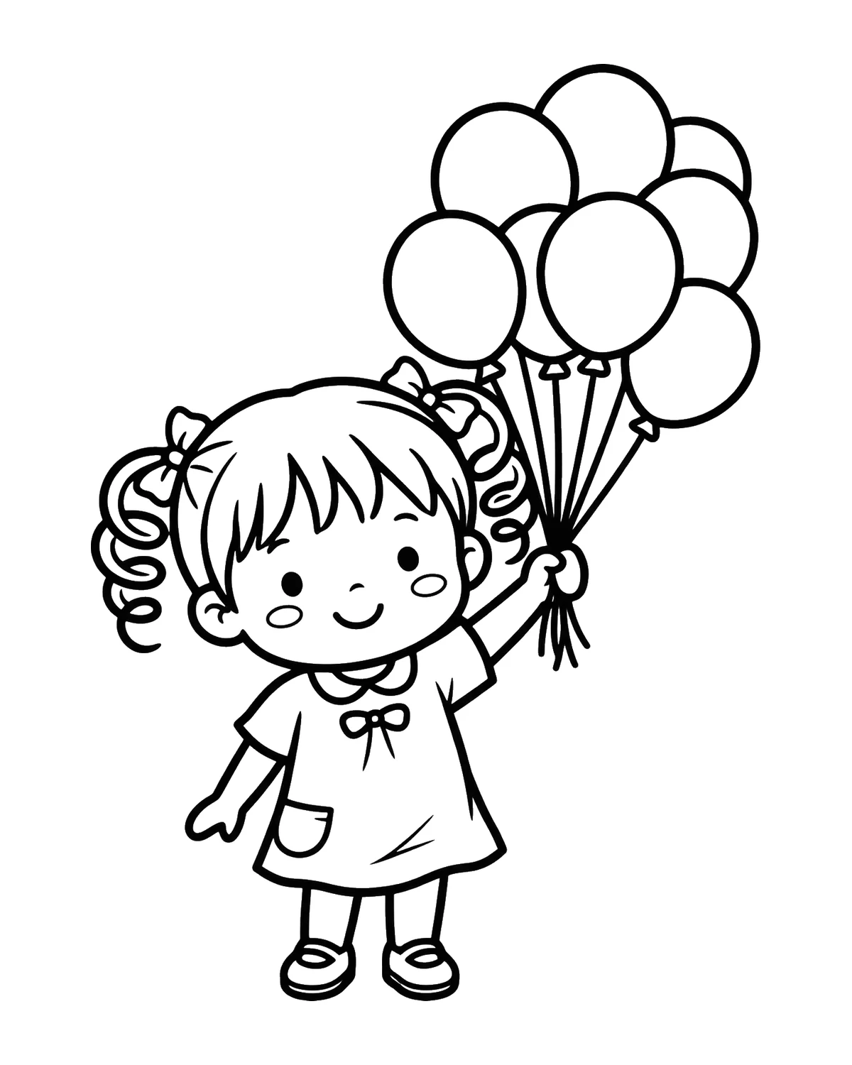 Ausmalbild Mädchen mit Luftballons zum Ausdrucken
