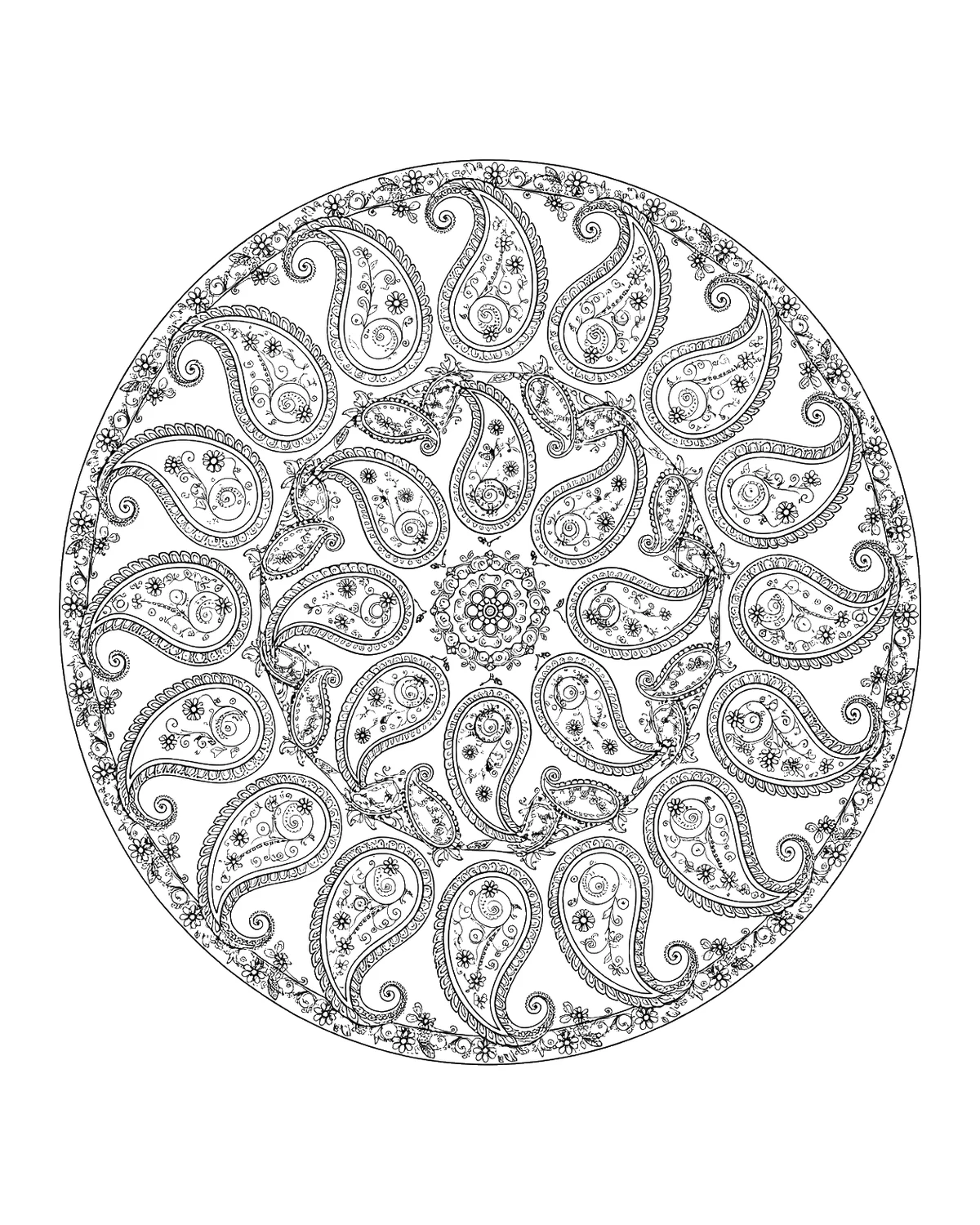 Ausmalbild Paisley-Mandala zum Ausdrucken