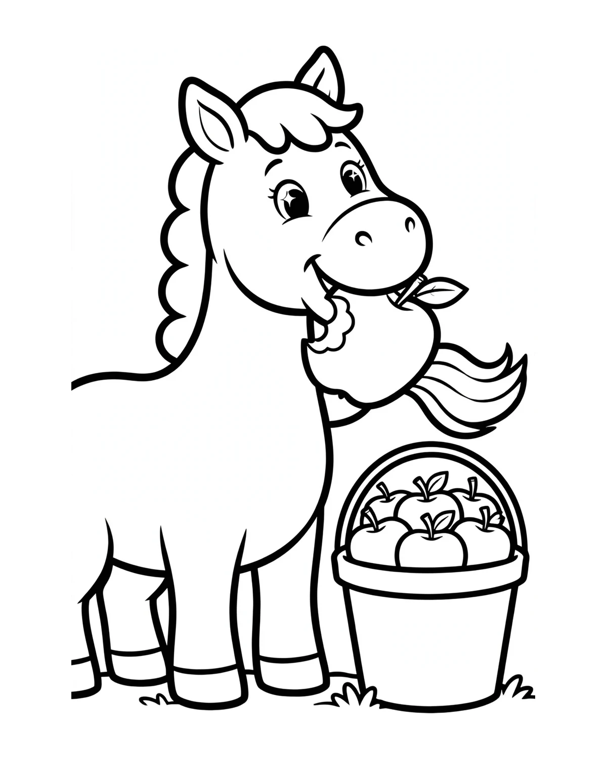 Ausmalbild Pferd mit Apfel zum Ausdrucken
