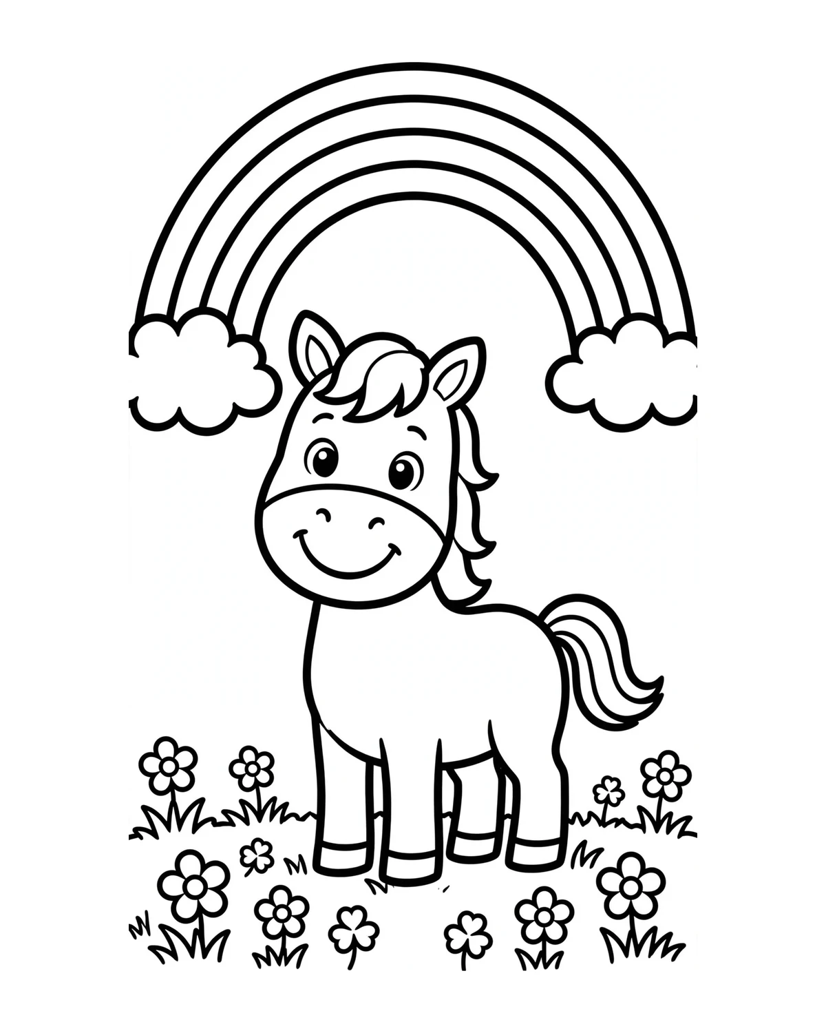 Ausmalbild Pferd mit Regenbogen zum Ausdrucken