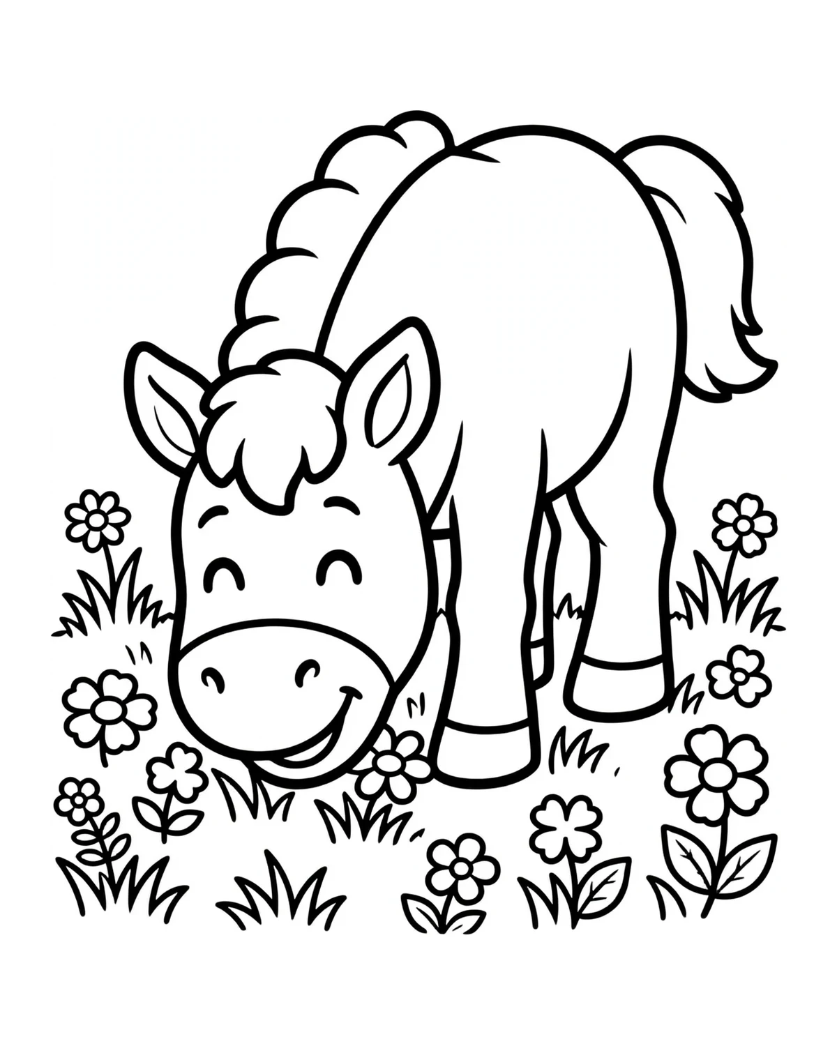 Ausmalbild Pferd auf der Weide zum Ausdrucken